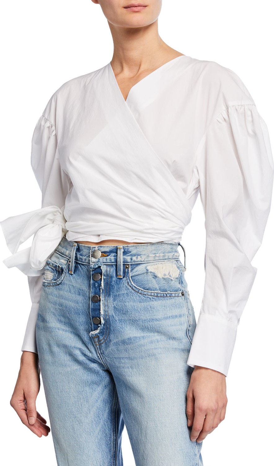 MSGM Puff-Sleeve Cropped Wrap Blouse