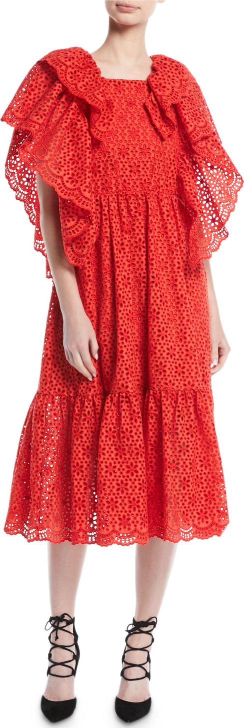 MSGM Short-Sleeve Ruffle Eyelet Midi Dress