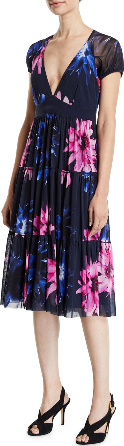 Fuzzi Fracture V-Neck Floral-Print Short-Sleeve Tiered Dress