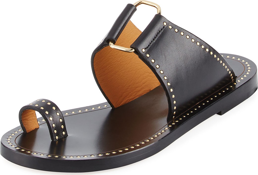 Isabel Marant Jeppy Flat Studded Leather Sandals, Black/Dore