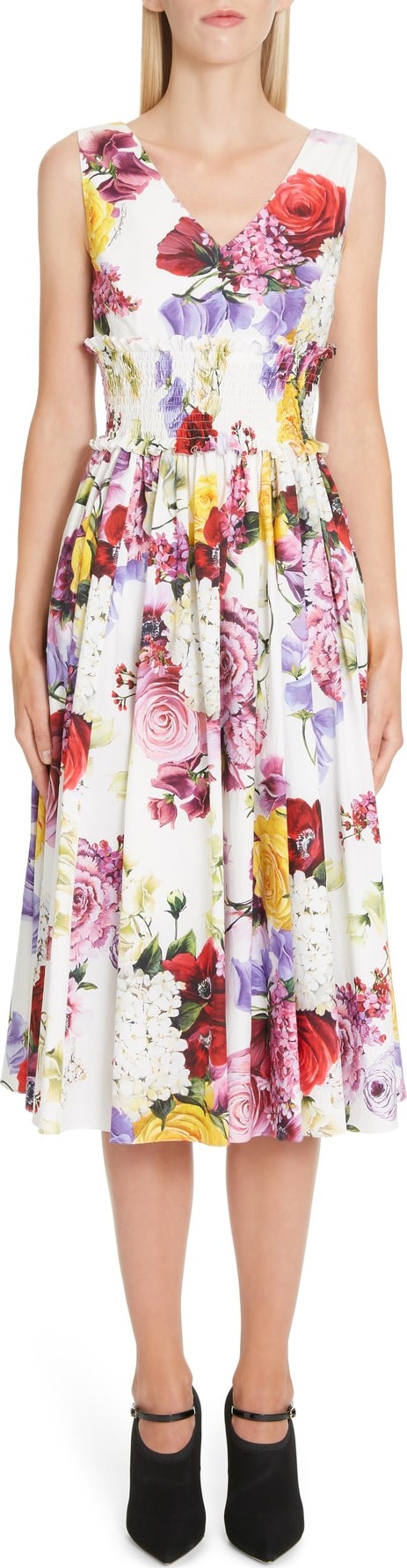 Dolce & Gabbana Floral Print Smock Waist Poplin Dress