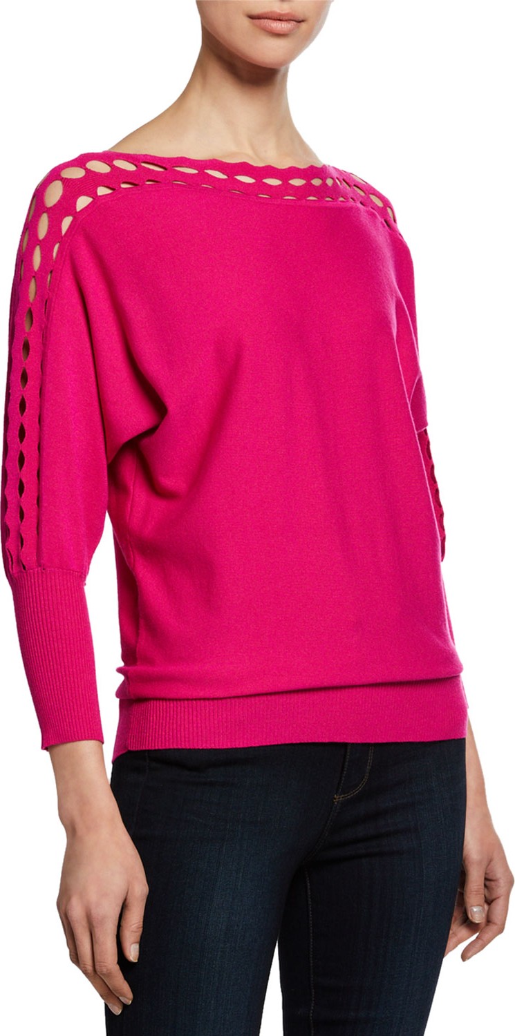 MILLY Diamond-Cut High-Neck 3/4-Sleeve Top