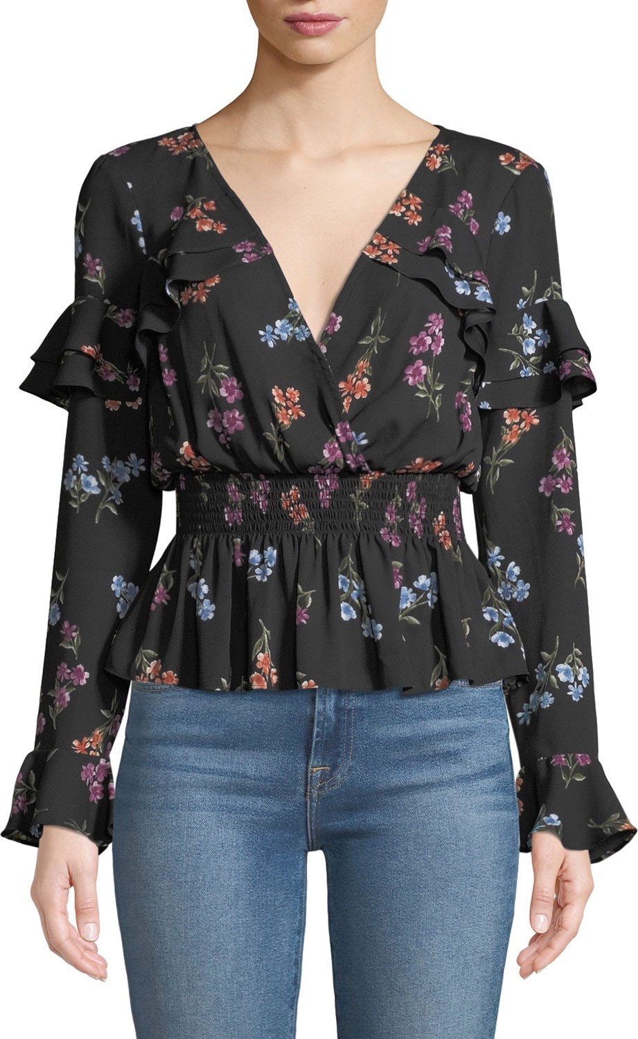 LIKELY Kiersten Floral Smocked Long-Sleeve Ruffle Blouse