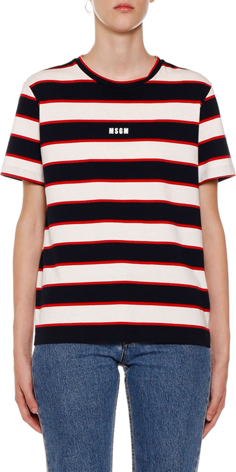 MSGM Horizontal Striped Crewneck Short-Sleeve Cotton T-Shirt