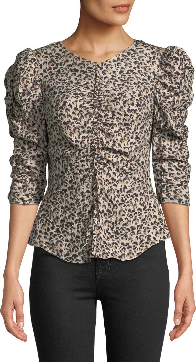 Rebecca Taylor Ruched Puff-Sleeve Leopard-Print Top