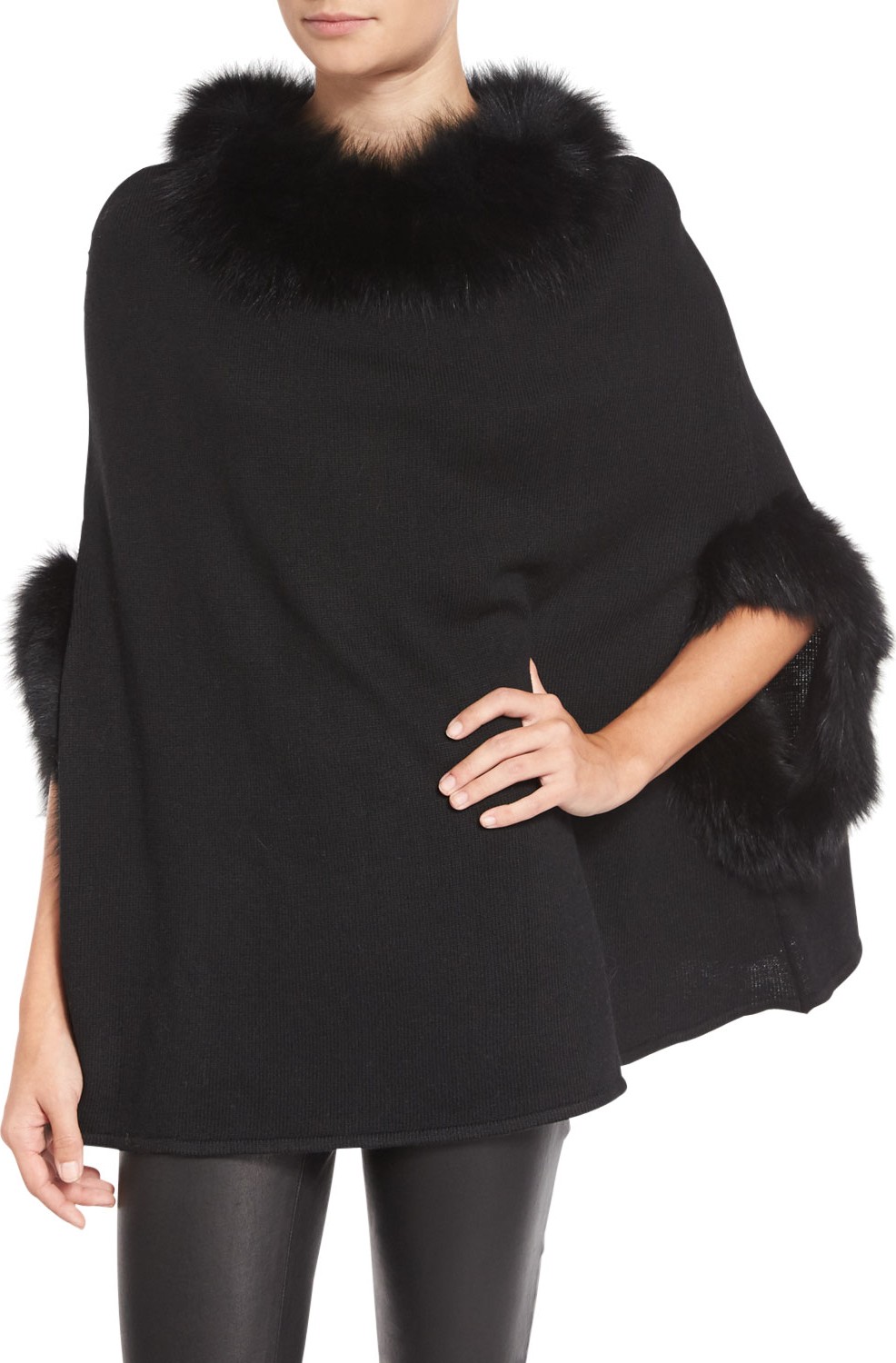 Neiman Marcus Fox Fur-Trim Knit Poncho