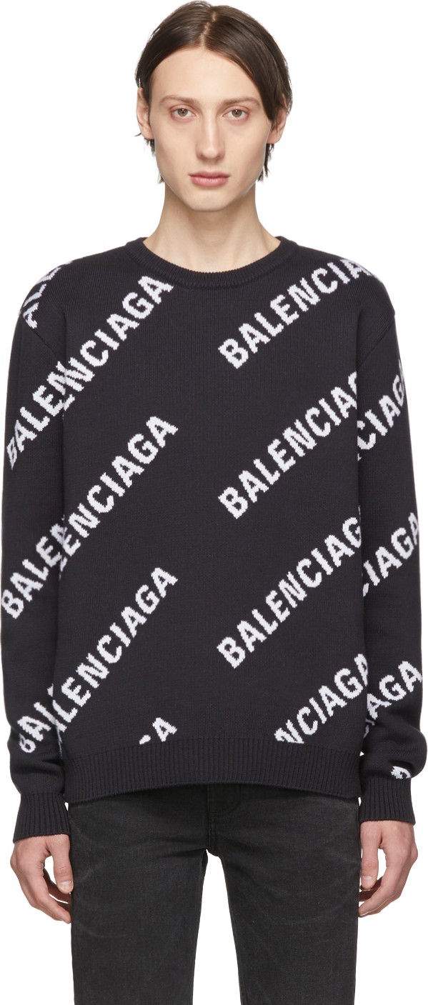 Balenciaga Navy & White Jacquard Logo Sweater