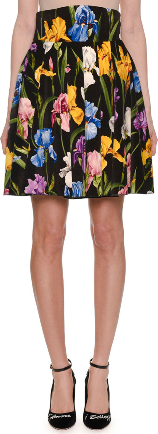 Dolce & Gabbana Iris-Print Velvet Pleated Skirt
