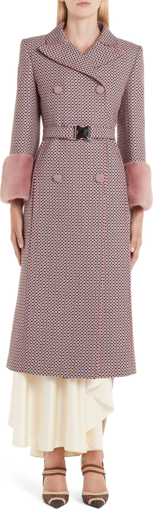 Fendi Romantic Tiles Double Breasted Coat with Genuine Mink Fur Cuffs