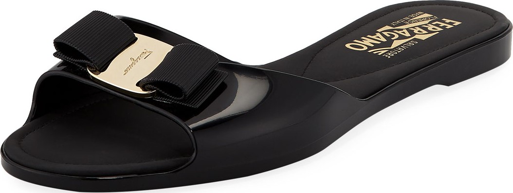 Salvatore Ferragamo Cirella Flat PVC Jelly Bow Slide Sandals, Black