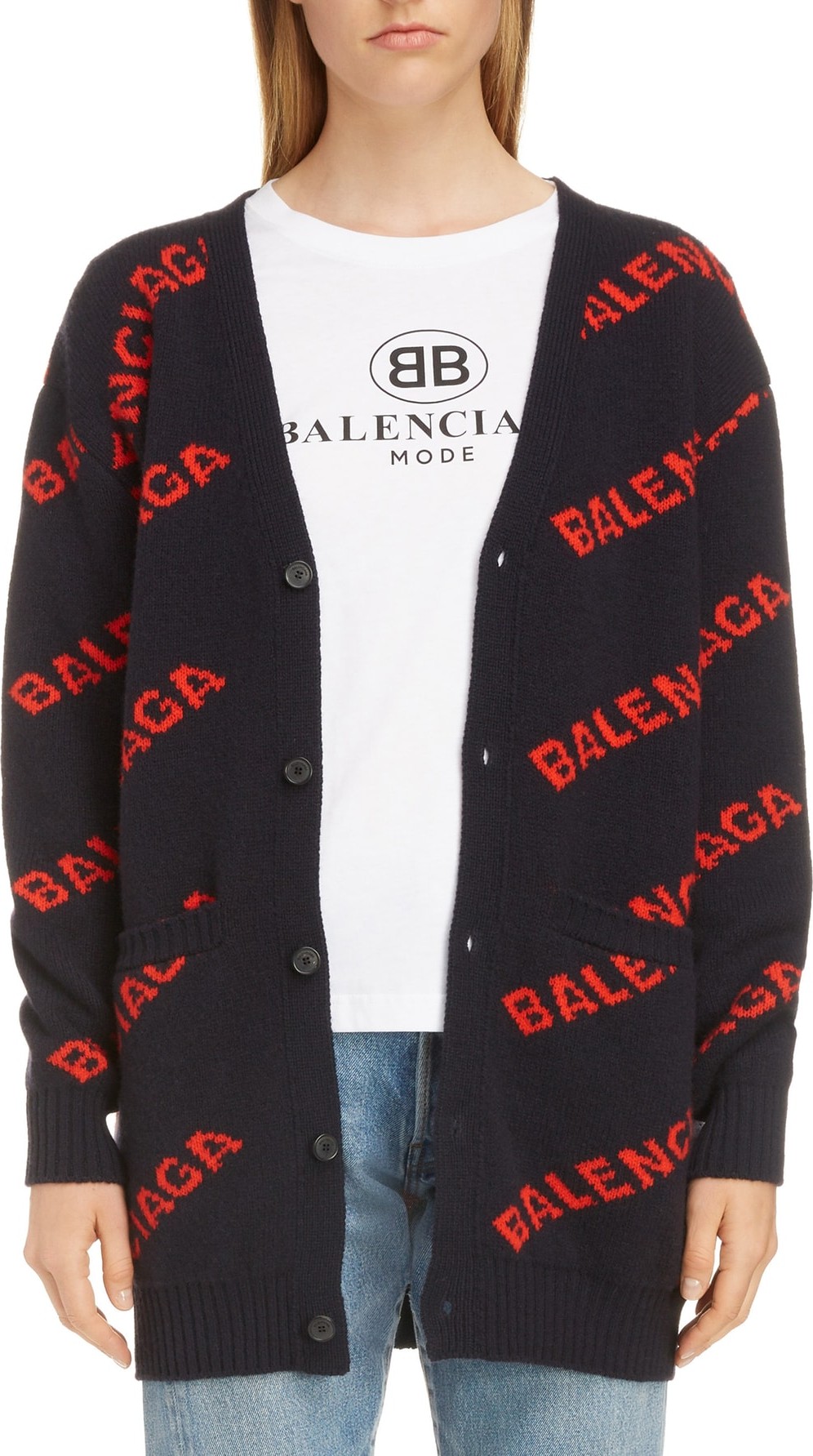 Balenciaga Logo Jacquard Wool Blend Cardigan