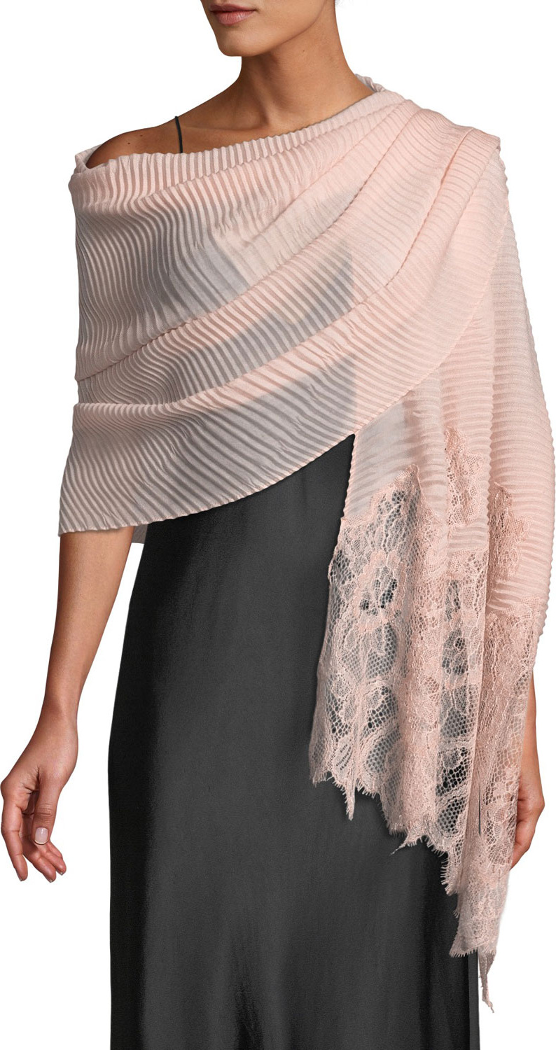 Valentino Plisse Shawl w/ Lace Trim
