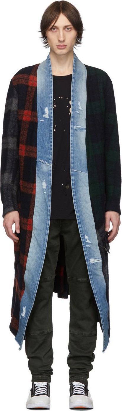 Greg Lauren Blue & Red Long Mixed Plaid Kimono Coat