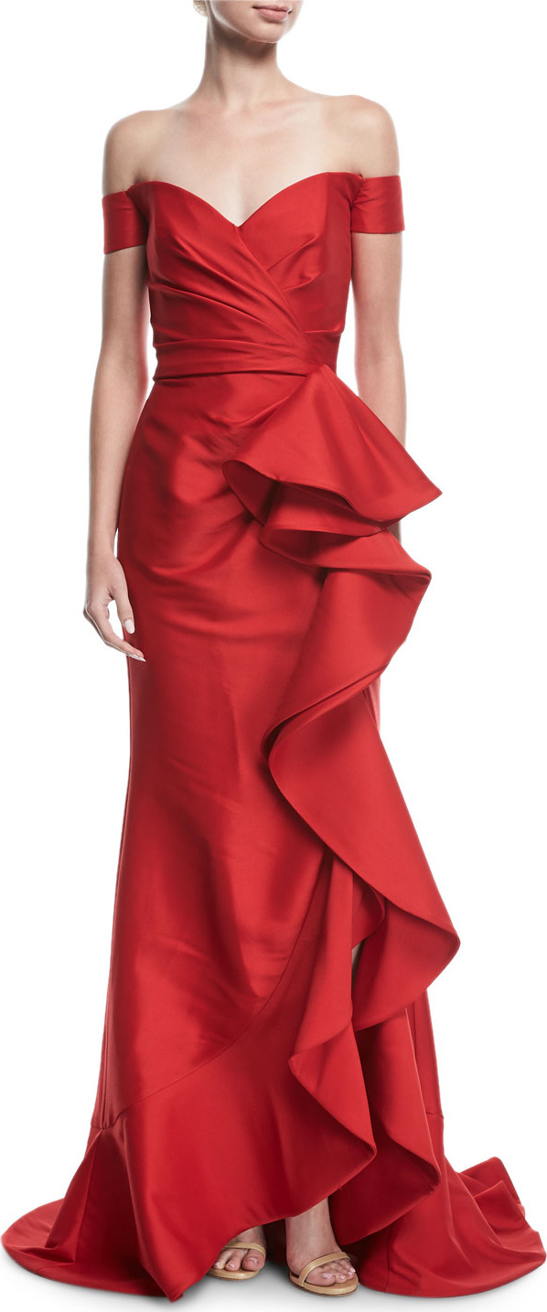 Badgley Mischka Off-the-Shoulder Ruffled Gown