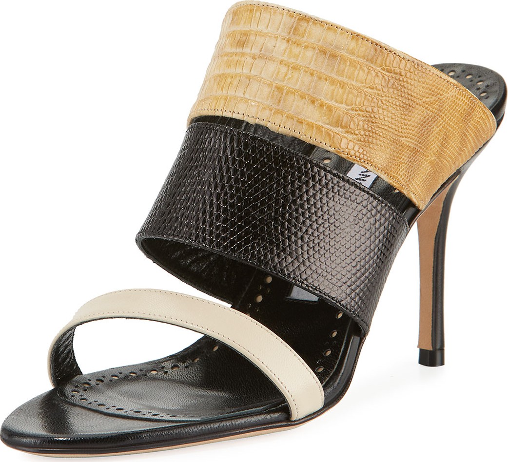 Manolo Blahnik Tretya Colorblock Leather/Lizard Slide Sandals