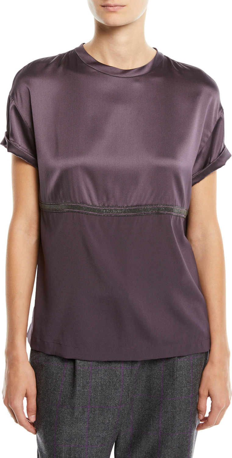 Brunello Cucinelli Bicolor Satin Top with Monili Stripe