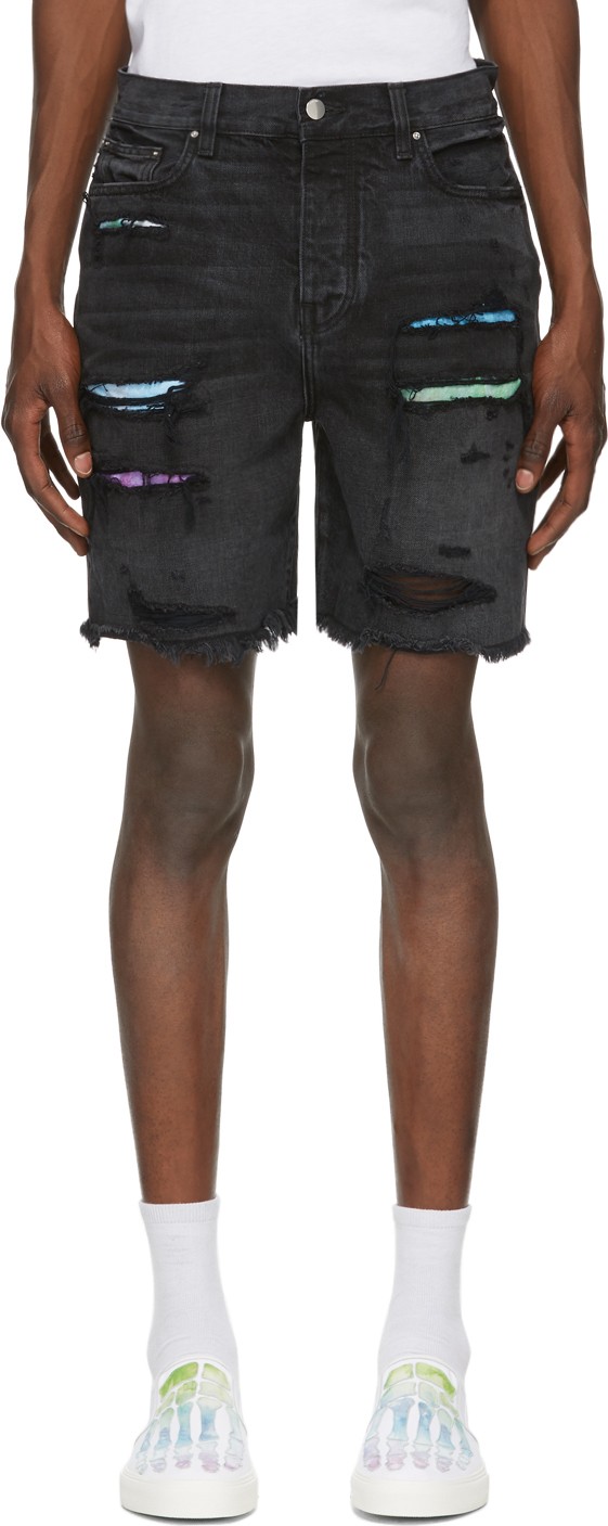 Amiri Black Denim Watercolor Trasher Shorts