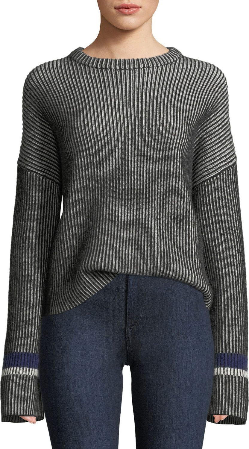 Theory Mixed-Stripe Crewneck Cashmere Sweater