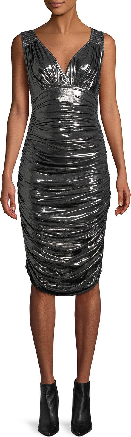 Norma Kamali Tara Shirred Cocktail Dress in Metallic Jersey
