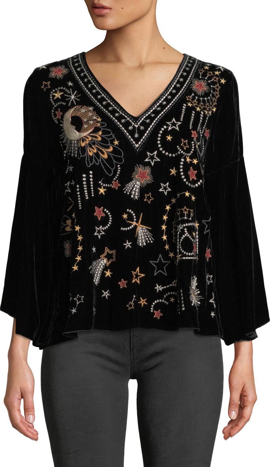 Johnny Was Calisto Velvet Embroidered Swing Blouse