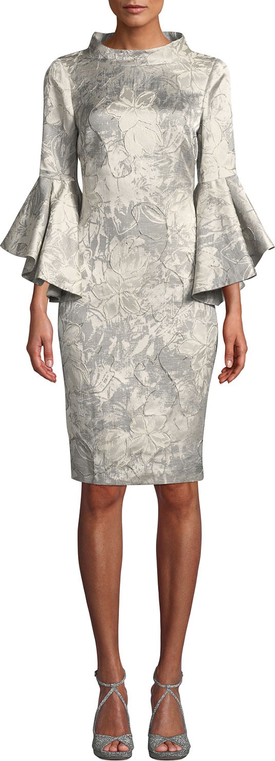 Badgley Mischka Funnel-Neck Flutter-Sleeve Floral-Jacquard Cocktail Dress