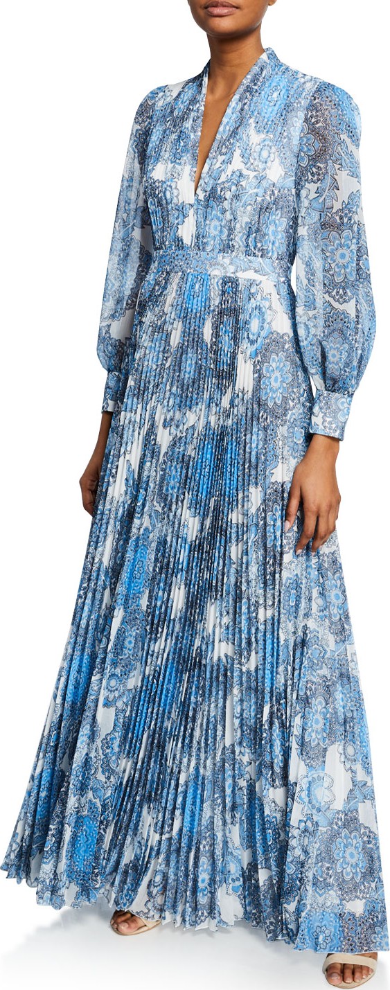 Alice + Olivia Cheney Slit-Sleeve Pleated Maxi Dress