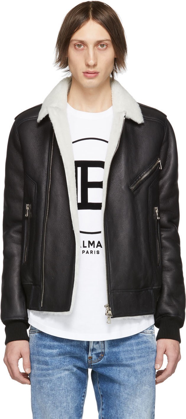 Balmain Black Shearling Bomber Jacket