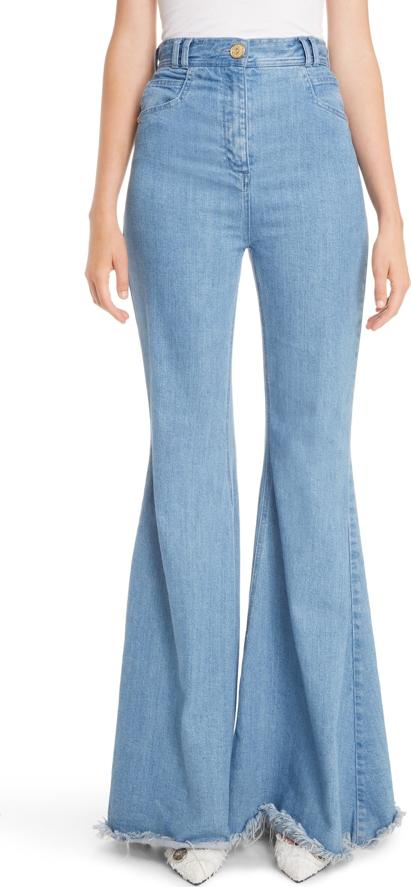 Balmain High Waist Frayed Hem Flare Jeans