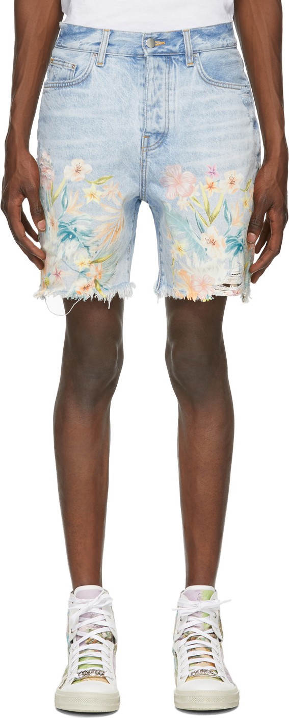 Amiri Blue Denim Floral Leaf Shorts