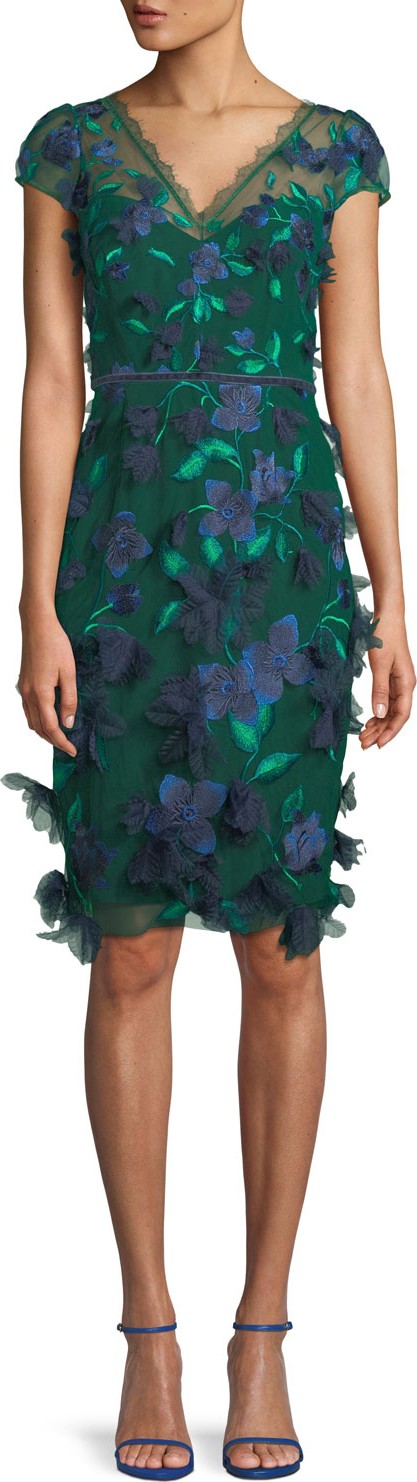 Marchesa Notte V-Neck Cocktail Dress w/ 3D Embroidery & Velvet Trim