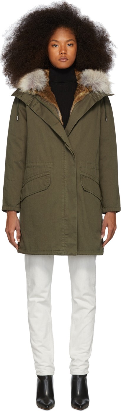 Army By Yves Salomon Green Down & Fur Cotton Parka