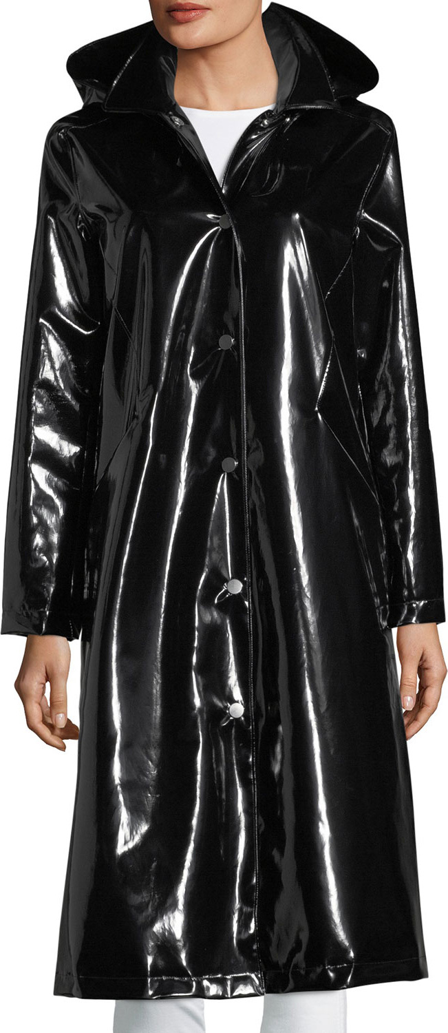Jane Post Hooded Snap-Front Long Rain Slicker Coat