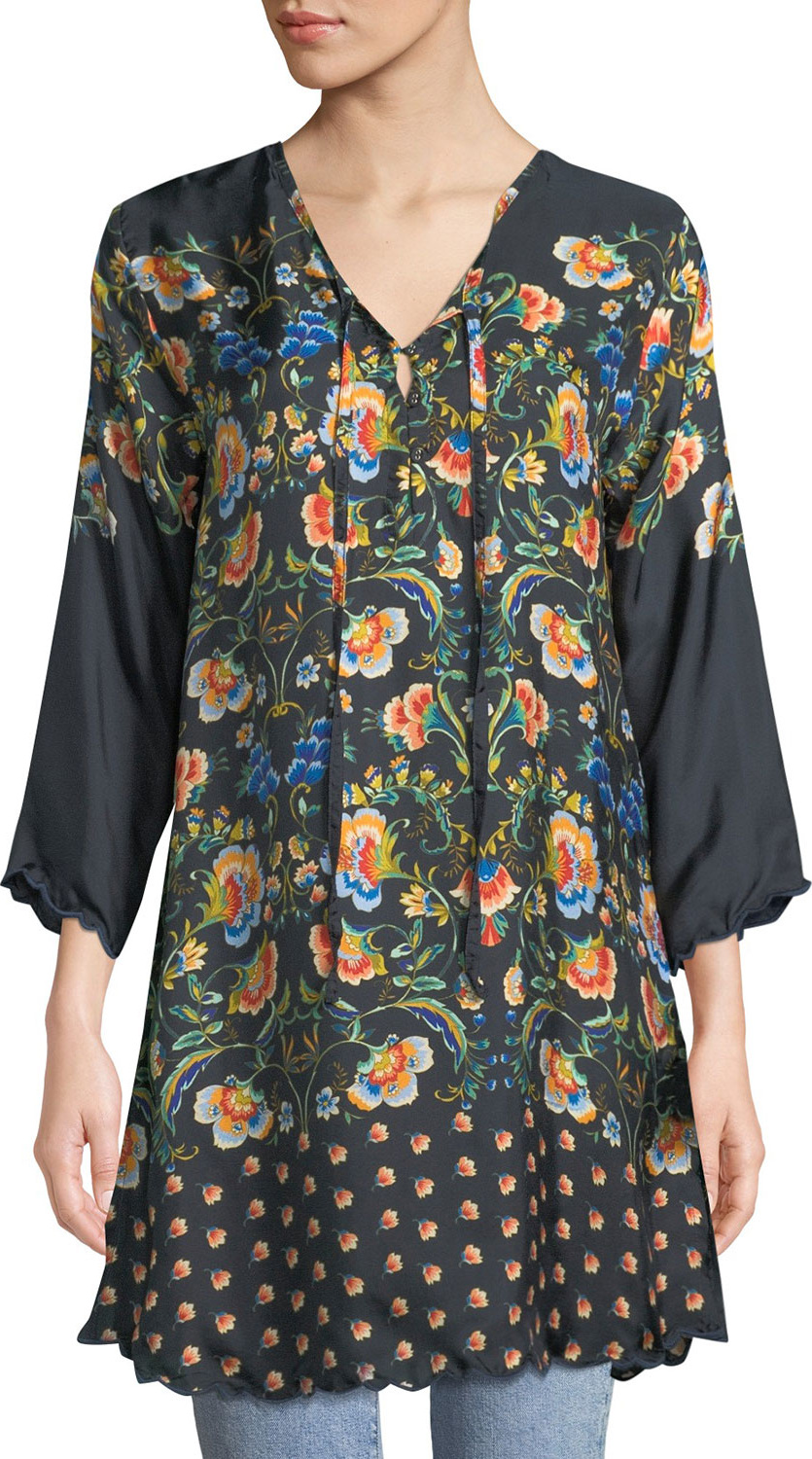 Johnny Was Delight Neck-Tie Floral-Print Silk Tunic