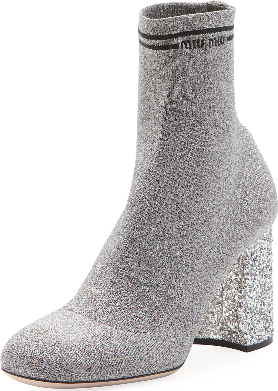 Miu Miu Glitter-Heel Metallic Sock Knit Bootie