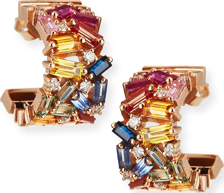 Suzanne Kalan 18k Mini Thick Huggie Sapphire & Diamond Fireworks Hoop Earrings