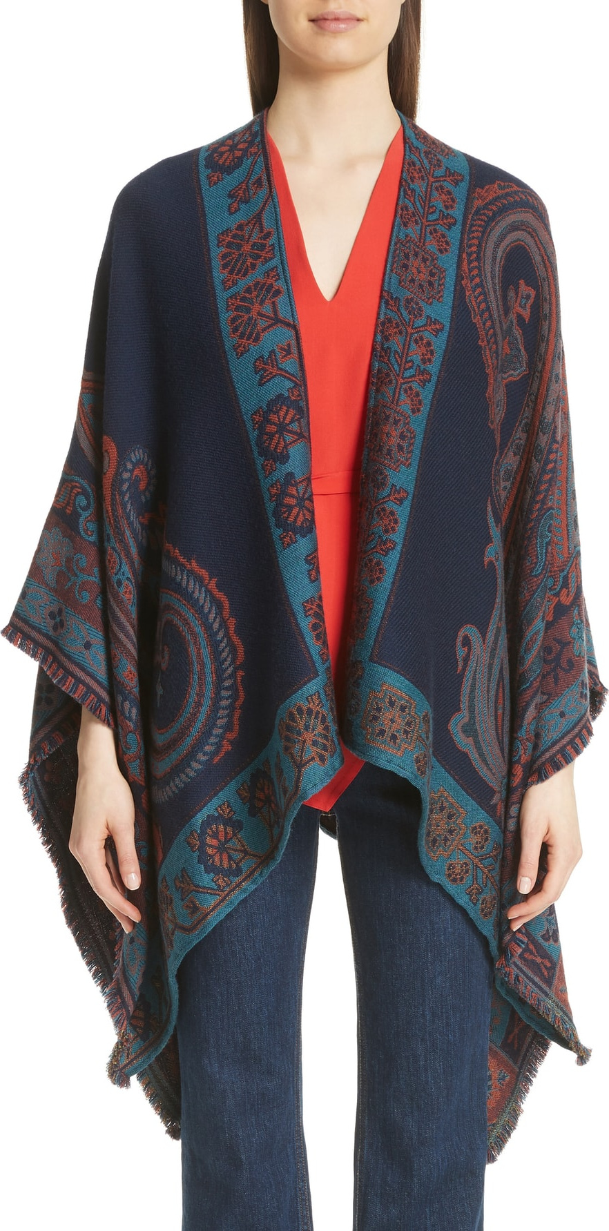 Etro Geo & Floral Wool Blend Jacquard Cape