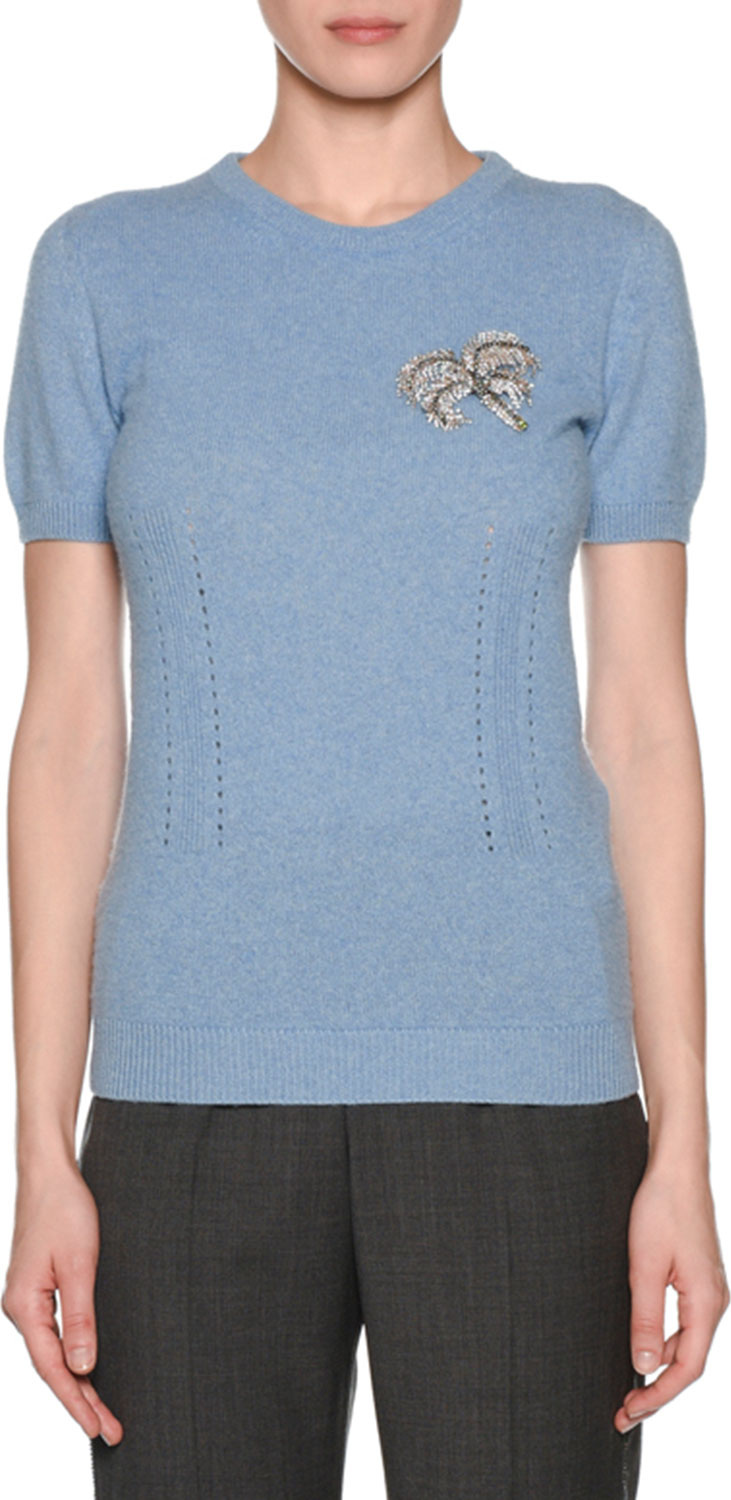 Nº21 Short-Sleeve Knit Cashmere Top with Brooch