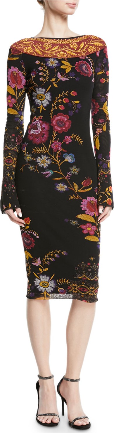 Fuzzi Fitted Long-Sleeve Floral-Print Dress