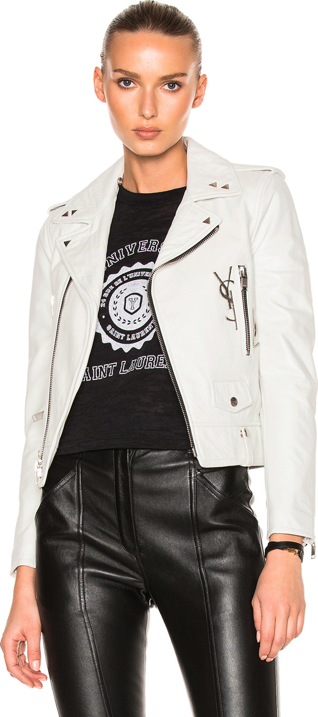 Saint Laurent Leather Jacket with Logo and Brooch
