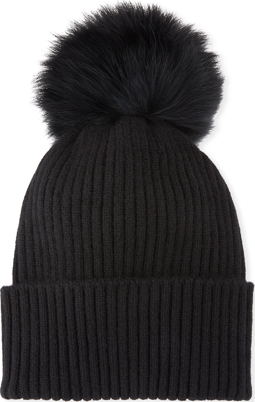 Sofia Cashmere Ribbed Beanie with Fox Fur Pompom