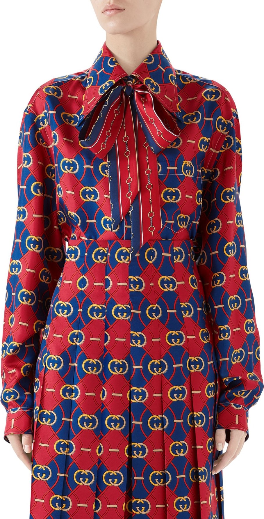 Gucci GG Waves Print Silk Twill Bow Blouse