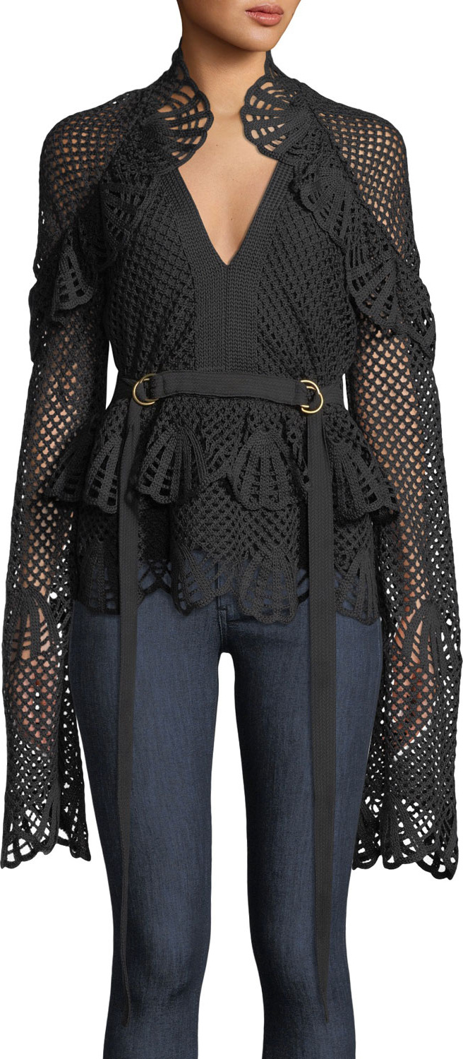 Self Portrait V-Neck Ruffle Crochet Long-Sleeve Top