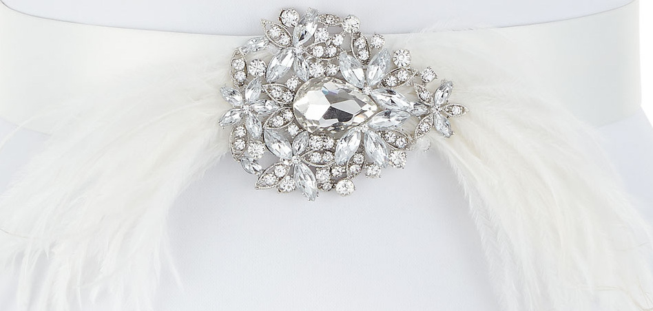 Deborah Drattell Thais Satin Belt with Feathers & Crystals