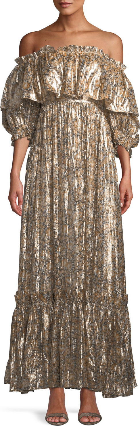 LOVESHACKFANCY Tara Lame Ruffle Off-Shoulder Maxi Dress
