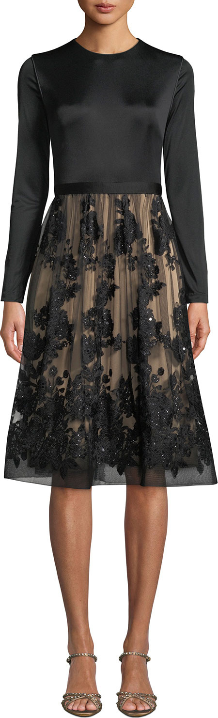 Catherine Deane Ling Long-Sleeve Dress w/ Lace Skirt & Sequins