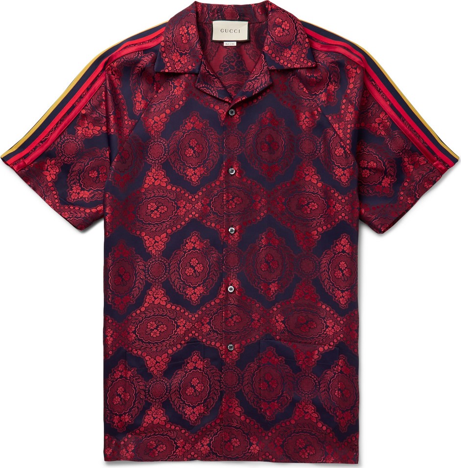 Gucci Camp-Collar Webbing-Trimmed Jacquard Shirt