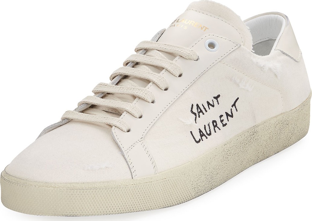 Saint Laurent Men's SL/06 Distressed Low-Top Court Sneakers, Optic White
