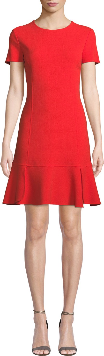 Oscar De La Renta Short-Sleeve Wool-Blend Shift Dress w/ Side Pleats
