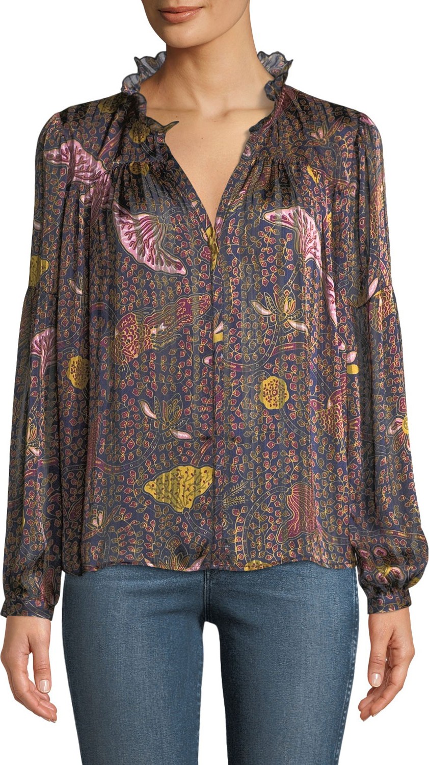 ba&sh Danila Long-Sleeve Printed Ruffle Blouse