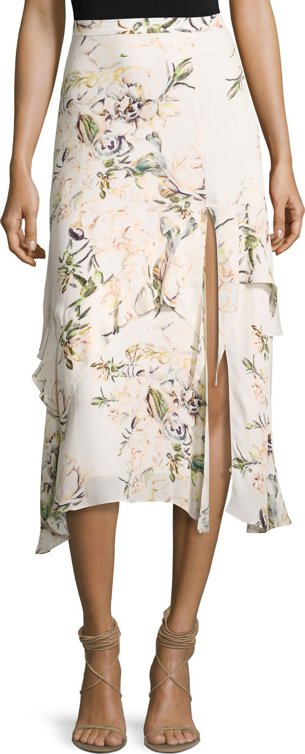 Haute Hippie The Garden Floral Silk Midi Skirt, White